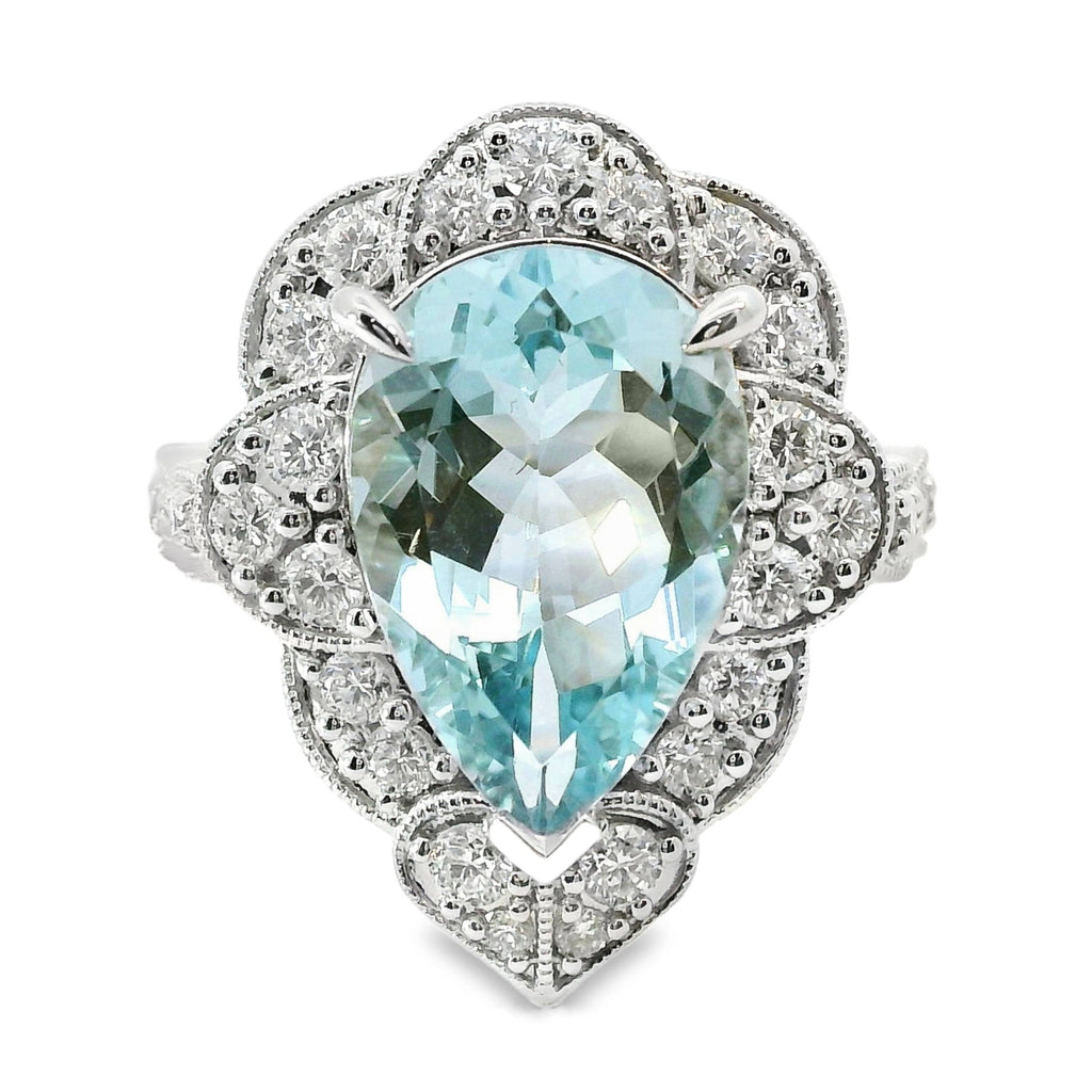 18ct White Gold Pear Cut Natural Aquamarine And Diamond Ring