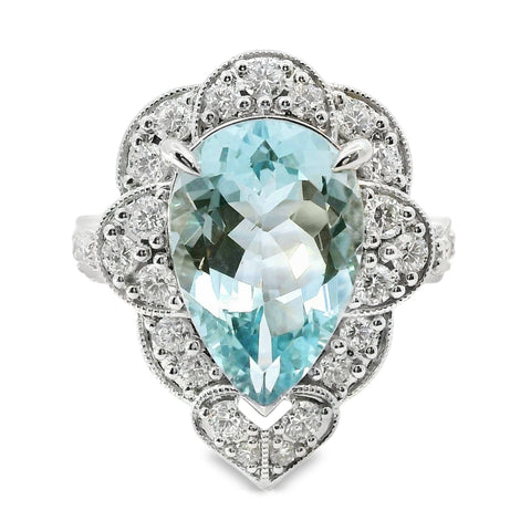 18ct White Gold Pear Cut Natural Aquamarine And Diamond Ring