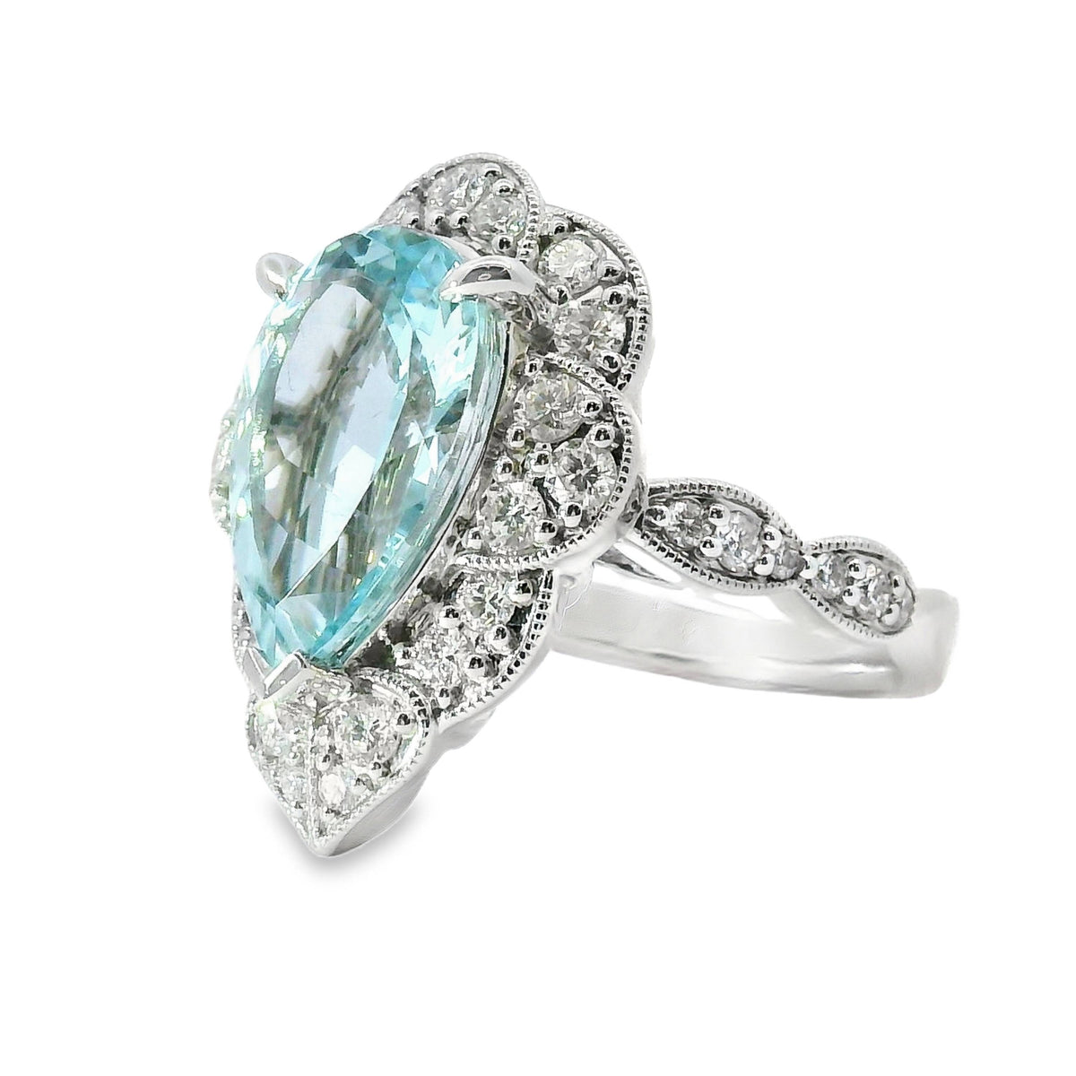 18ct White Gold Pear Cut Natural Aquamarine And Diamond Ring