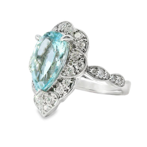 18ct White Gold Pear Cut Natural Aquamarine And Diamond Ring