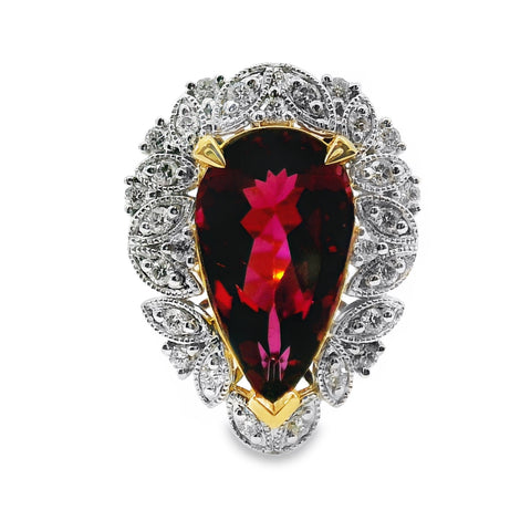 18ct Yellow And White Gold Pear Cut Rubellite Tourmaline And Diamond Dress Ring