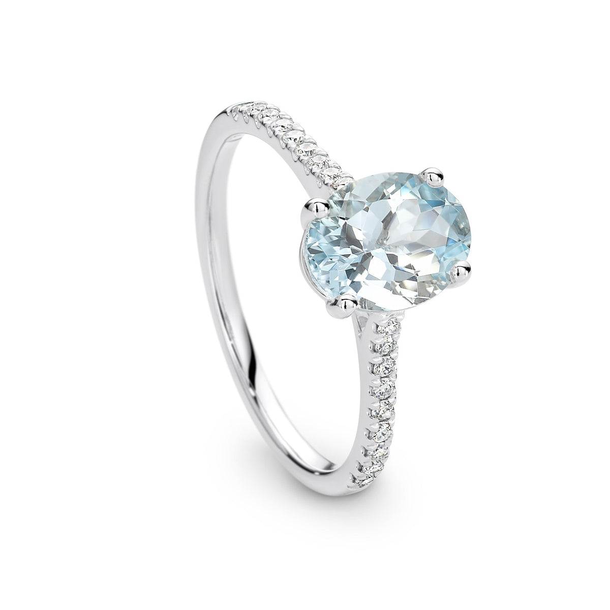9ct White Gold Oval Aquamarine and Diamond Ring