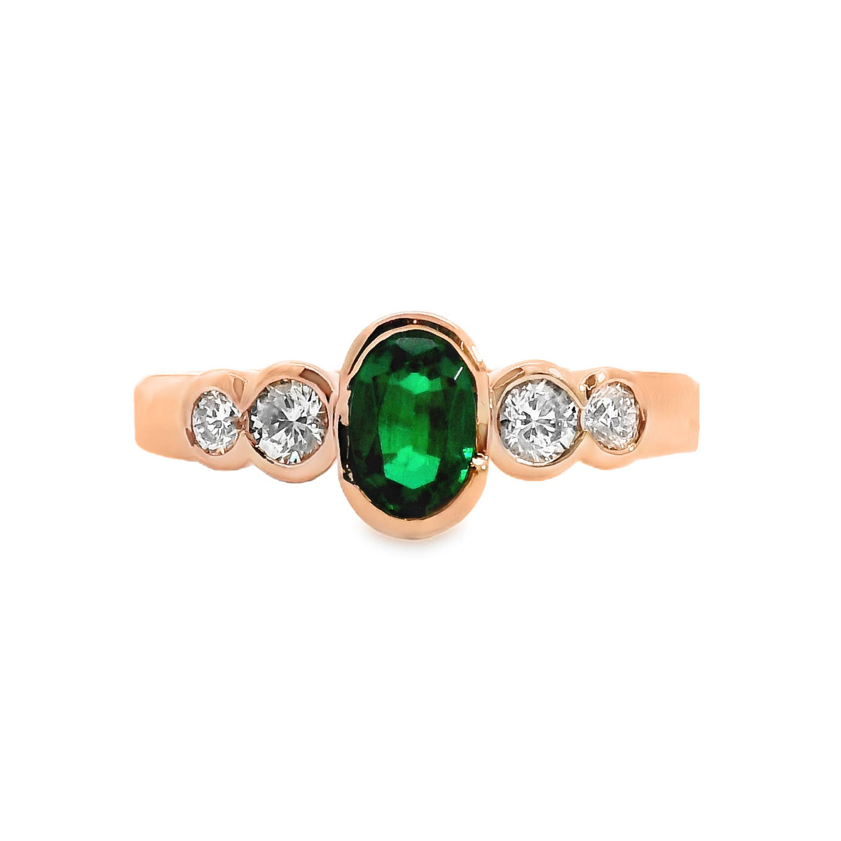 9ct Rose Gold Lab Grown Emerald And Diamond Bezel Set Ring