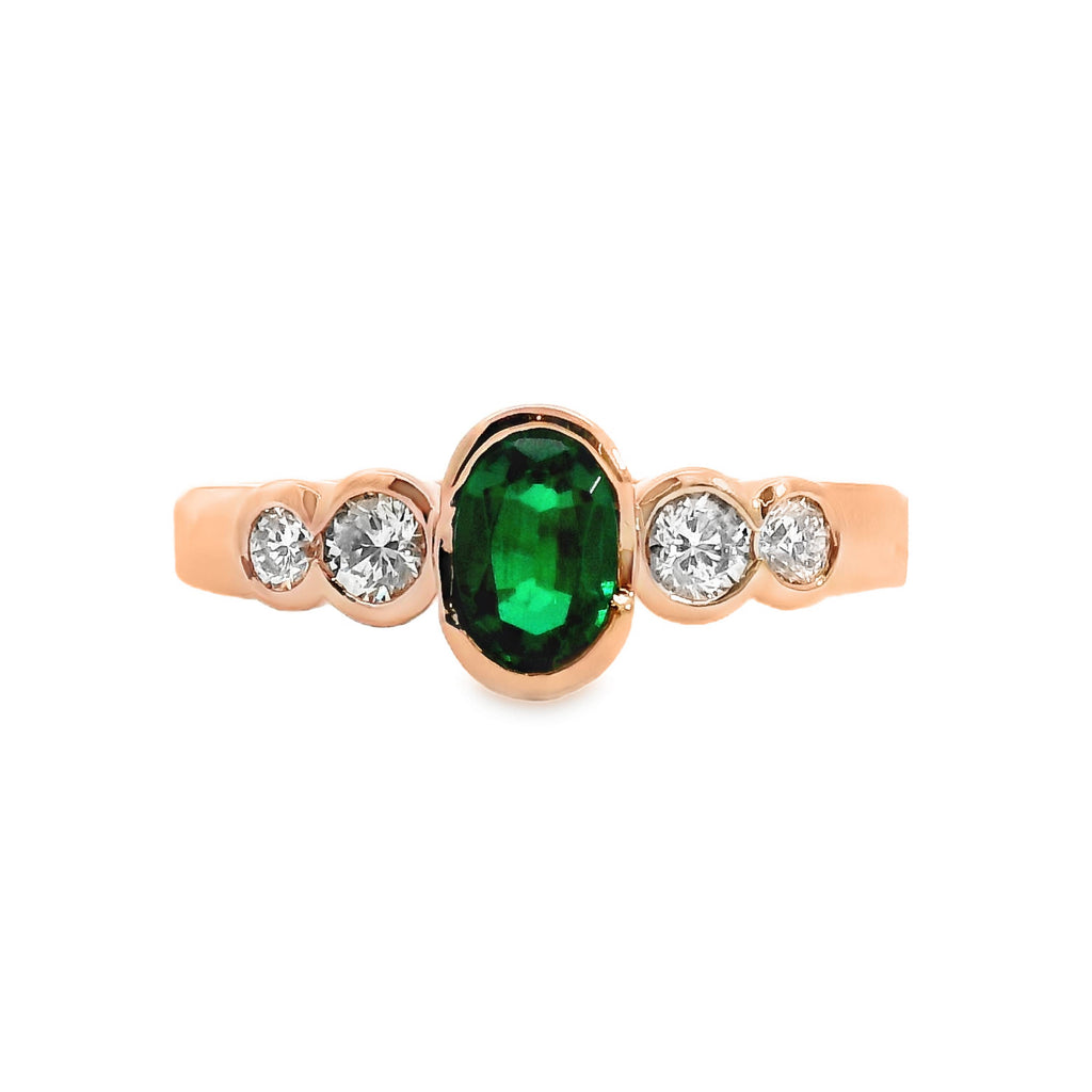 9ct Rose Gold Lab Grown Emerald And Diamond Bezel Set Ring