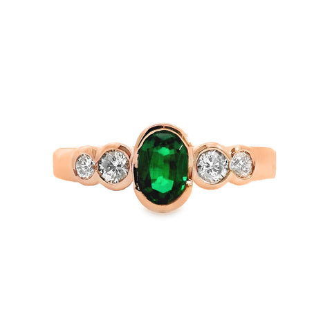 9ct Rose Gold Lab Grown Emerald And Diamond Bezel Set Ring