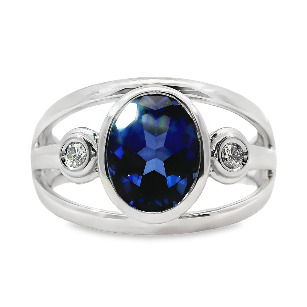 9ct White Gold Bezel Set Lab Grown Sapphire And Diamond Ring