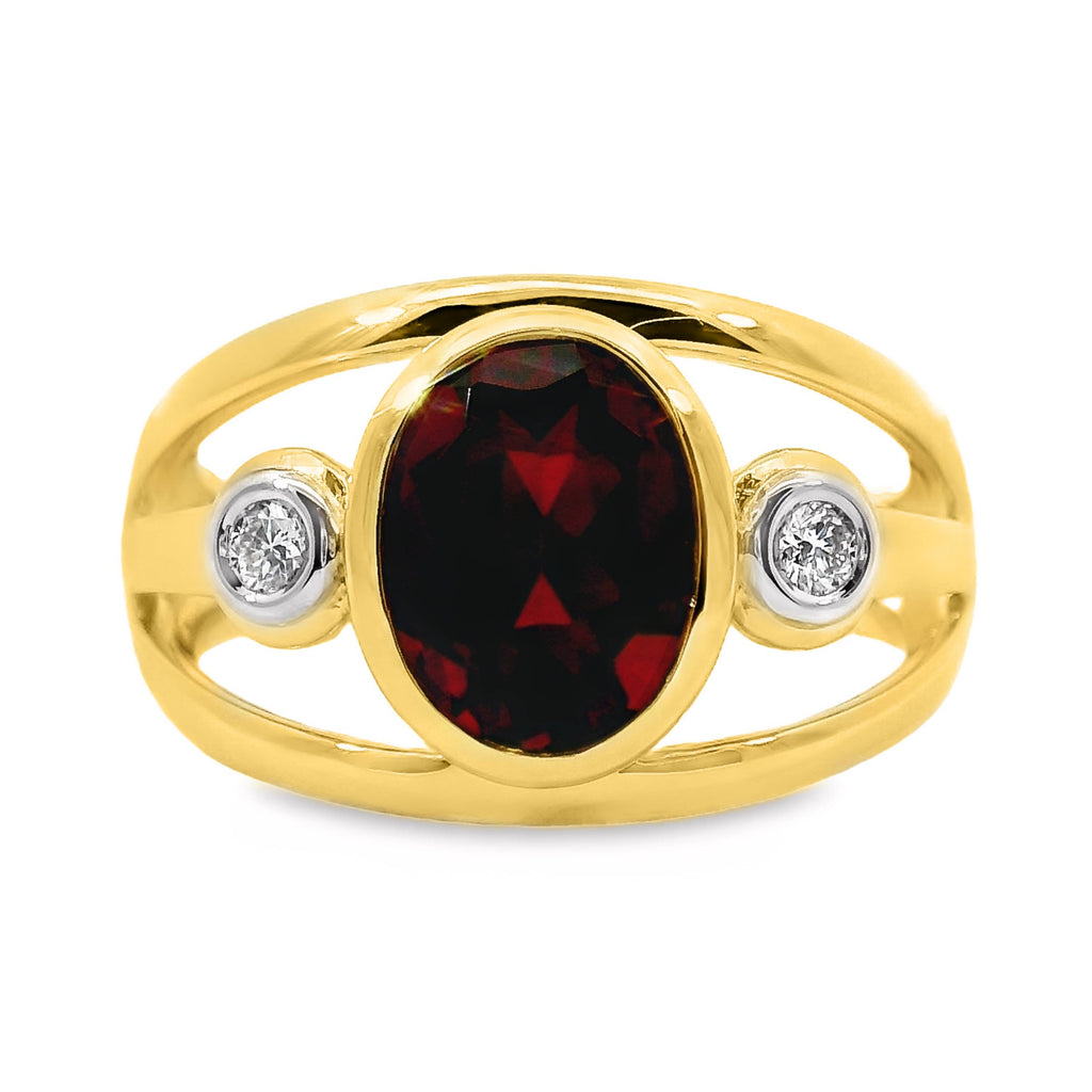9ct Yellow Gold Bezel Set Lab Grown Ruby And Diamond Ring