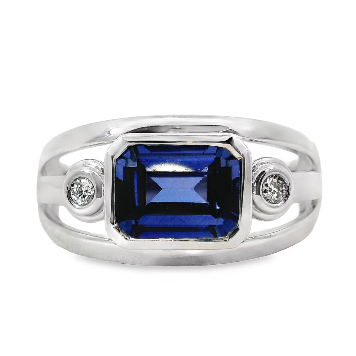 9ct White Gold Bezel Set Lab Grown Sapphire And Diamond Ring