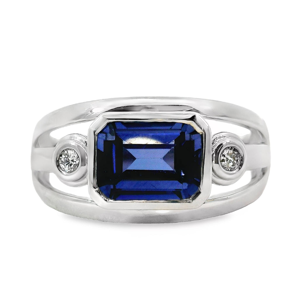 9ct White Gold Bezel Set Lab Grown Sapphire And Diamond Ring