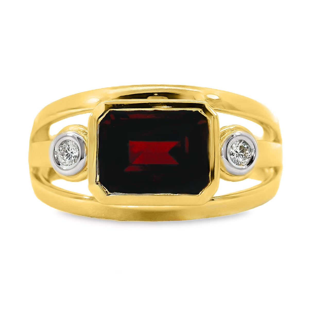 9ct Yellow Gold Bezel Set Lab Grown Ruby And Diamond Riing