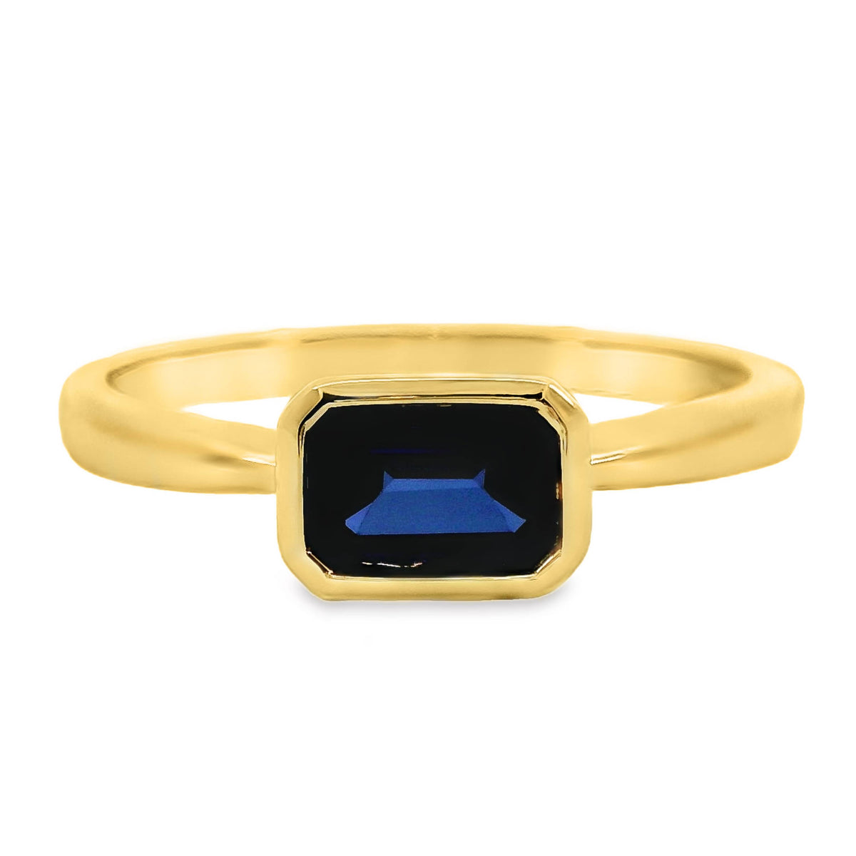 9ct Yellow Gold Bezel Set Lab Grown Sapphire Solitaire Ring