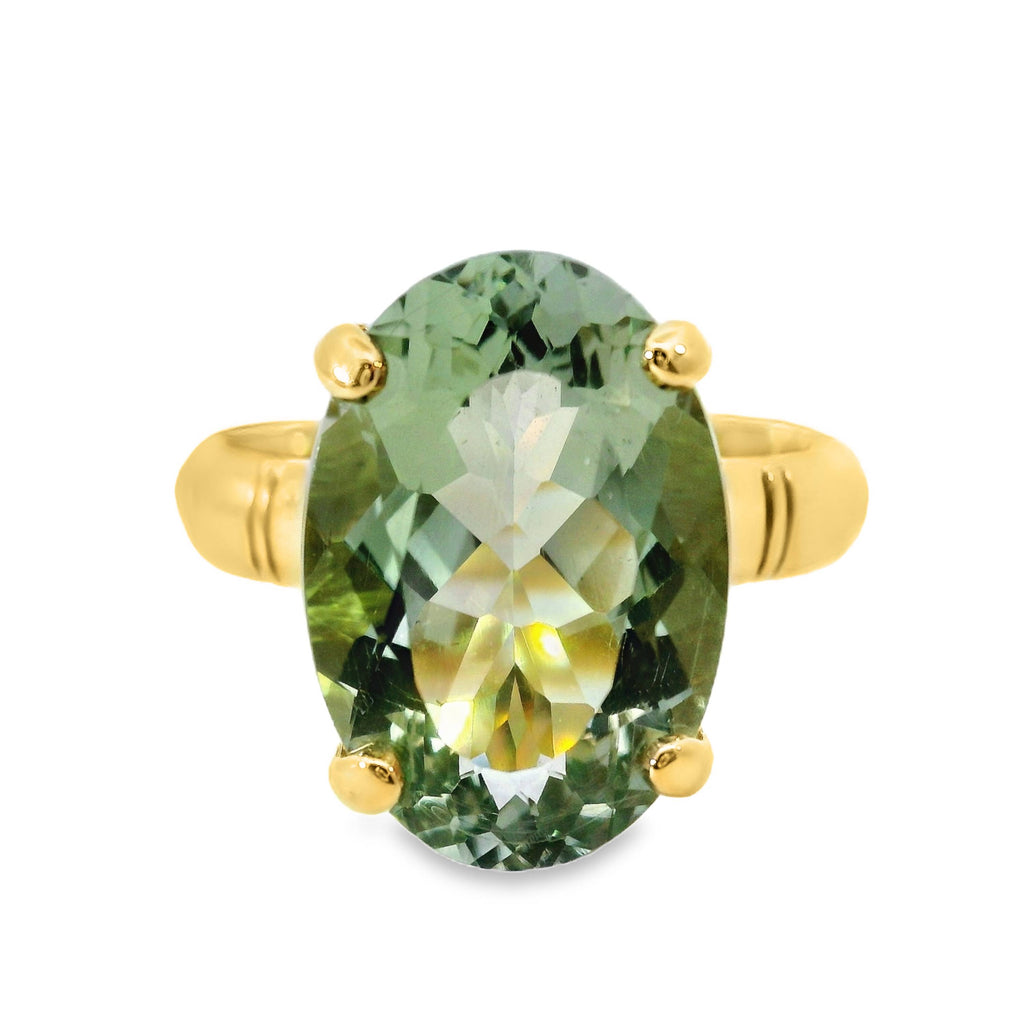 9ct Yellow Gold Green Amethyst Claw Set Cocktail Ring