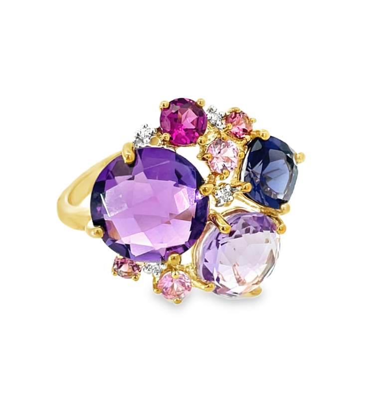 9ct Yellow Gold Multi Coloured Stone And Diamond Cluster Ring
