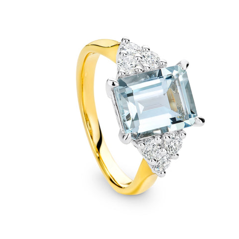 9ct Yellow Gold Lab Grown Diamond And Aquamarine Ring