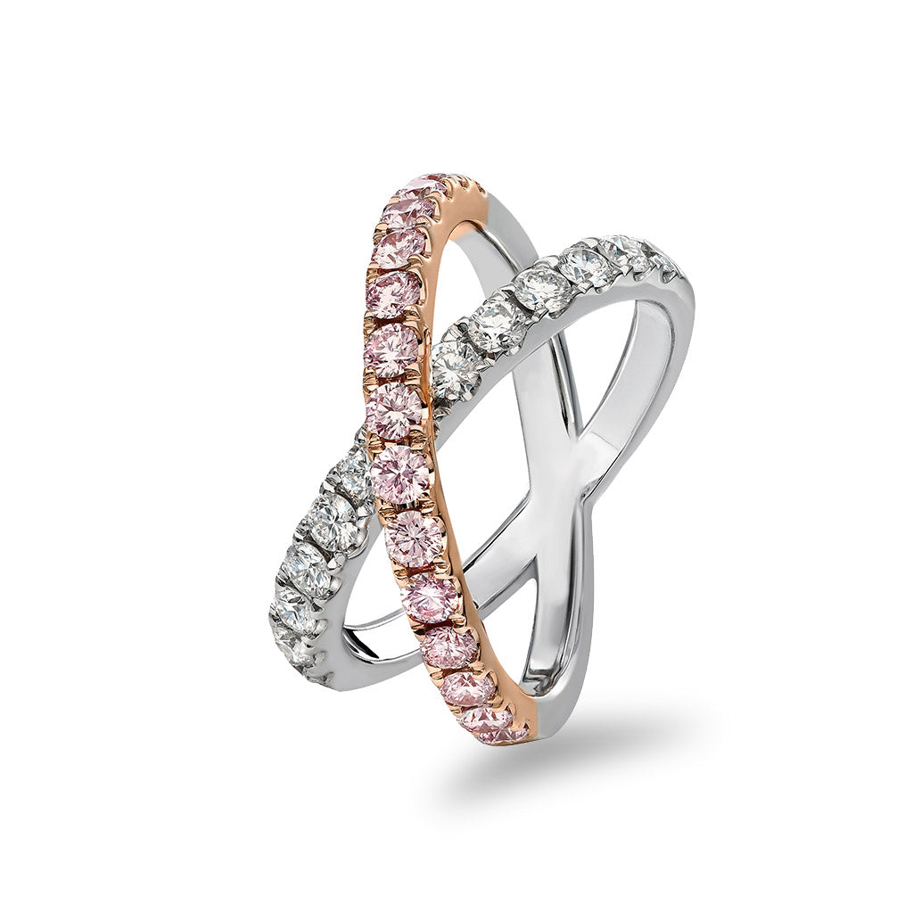 18ct White and Rose Gold Open Crossover Diamond Ring with Pink Kimberley Diamonds