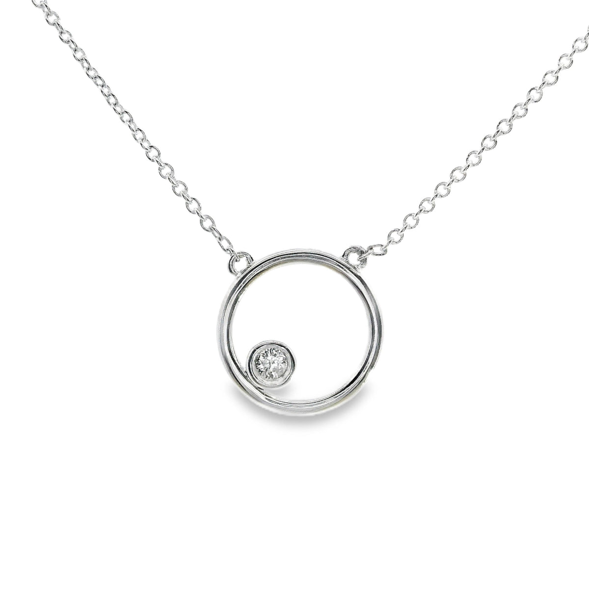 9ct White Gold Bezel Set Diamond Circle Pendant On Fine Chain
