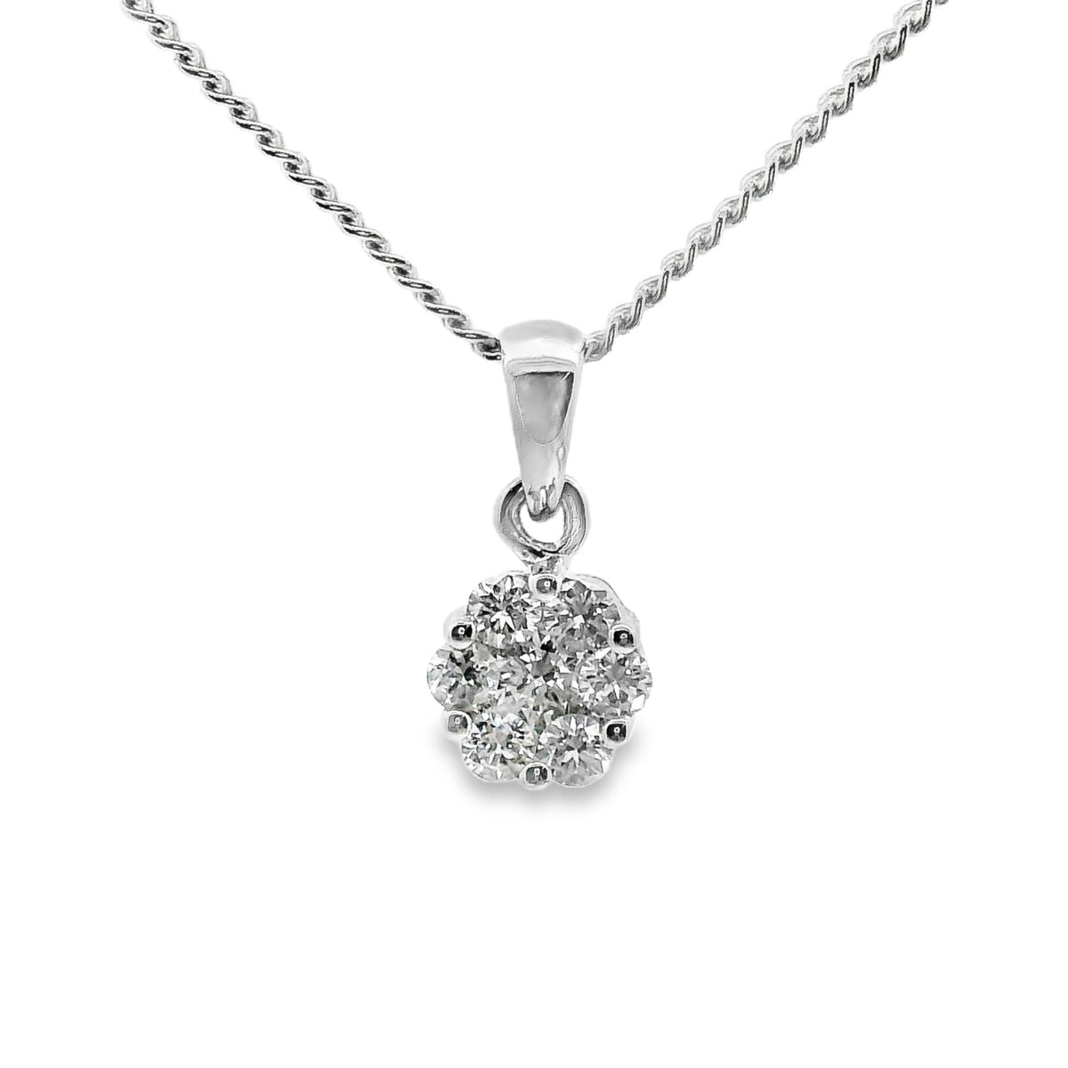 9ct White Gold Flower Style Diamond Cluster Pendant