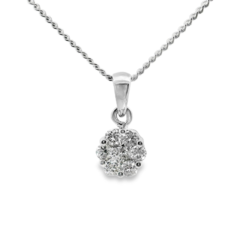 9ct White Gold Flower Style Diamond Cluster Pendant