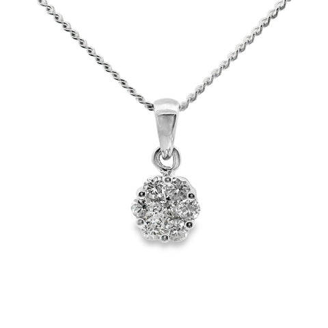 9ct White Gold Flower Style Diamond Cluster Pendant