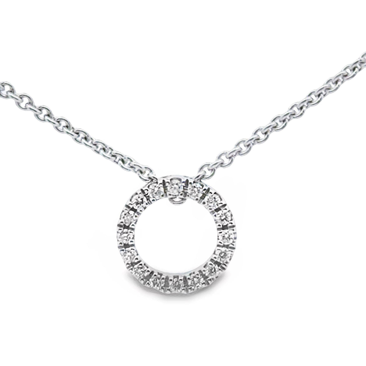 9ct White Gold Small Circle Diamond Set Pendant On Fine Chain