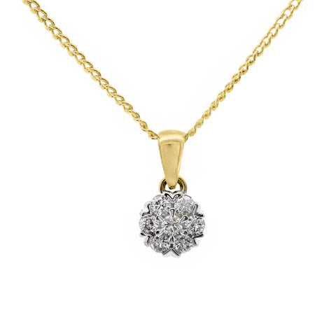 9ct Yellow Gold Cluster Set Natural Diamond Pendant 0.18ct TDW