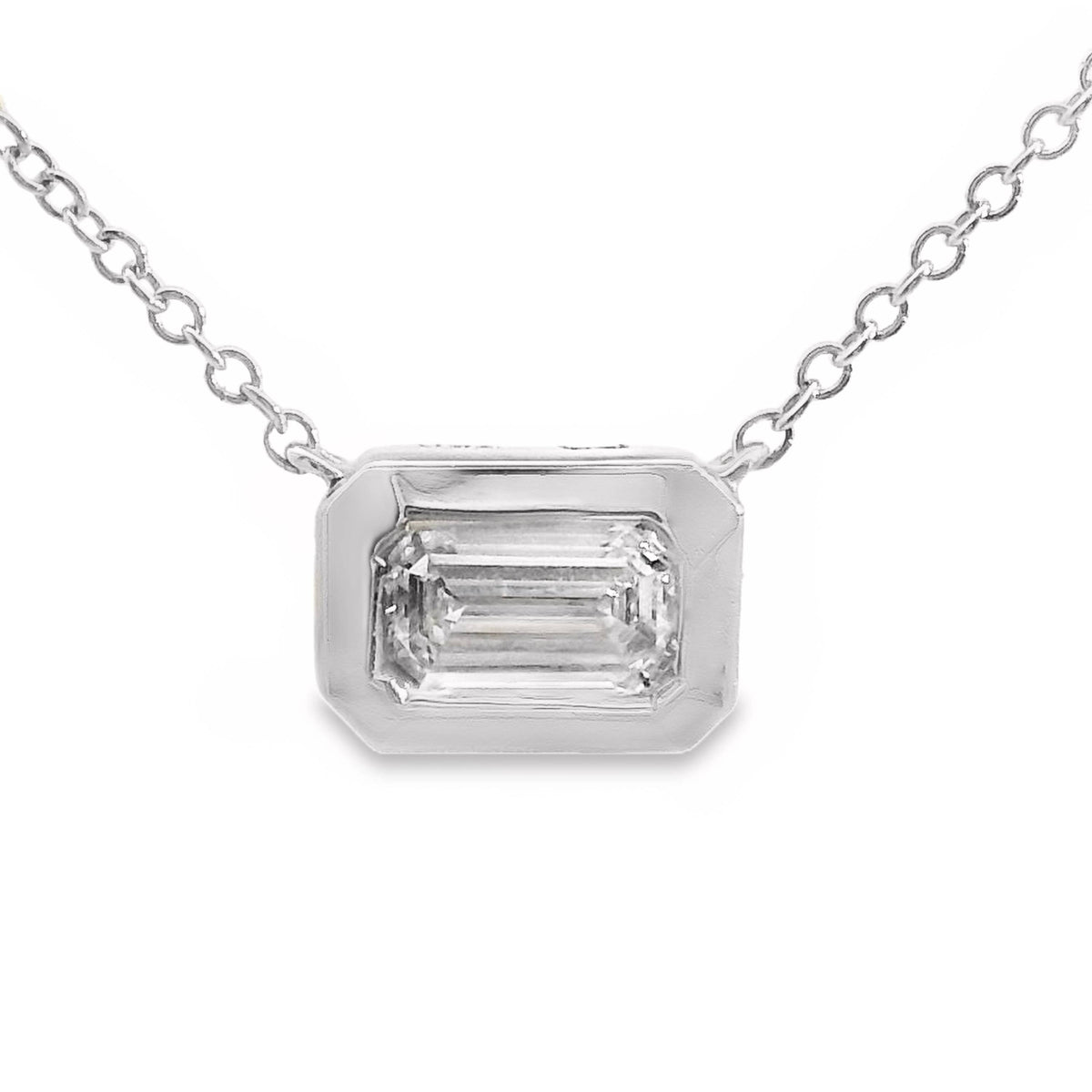 18ct White Gold Bezel Set 0.30ct Emerald Cut Lab Grown Diamond Pendant With Chain