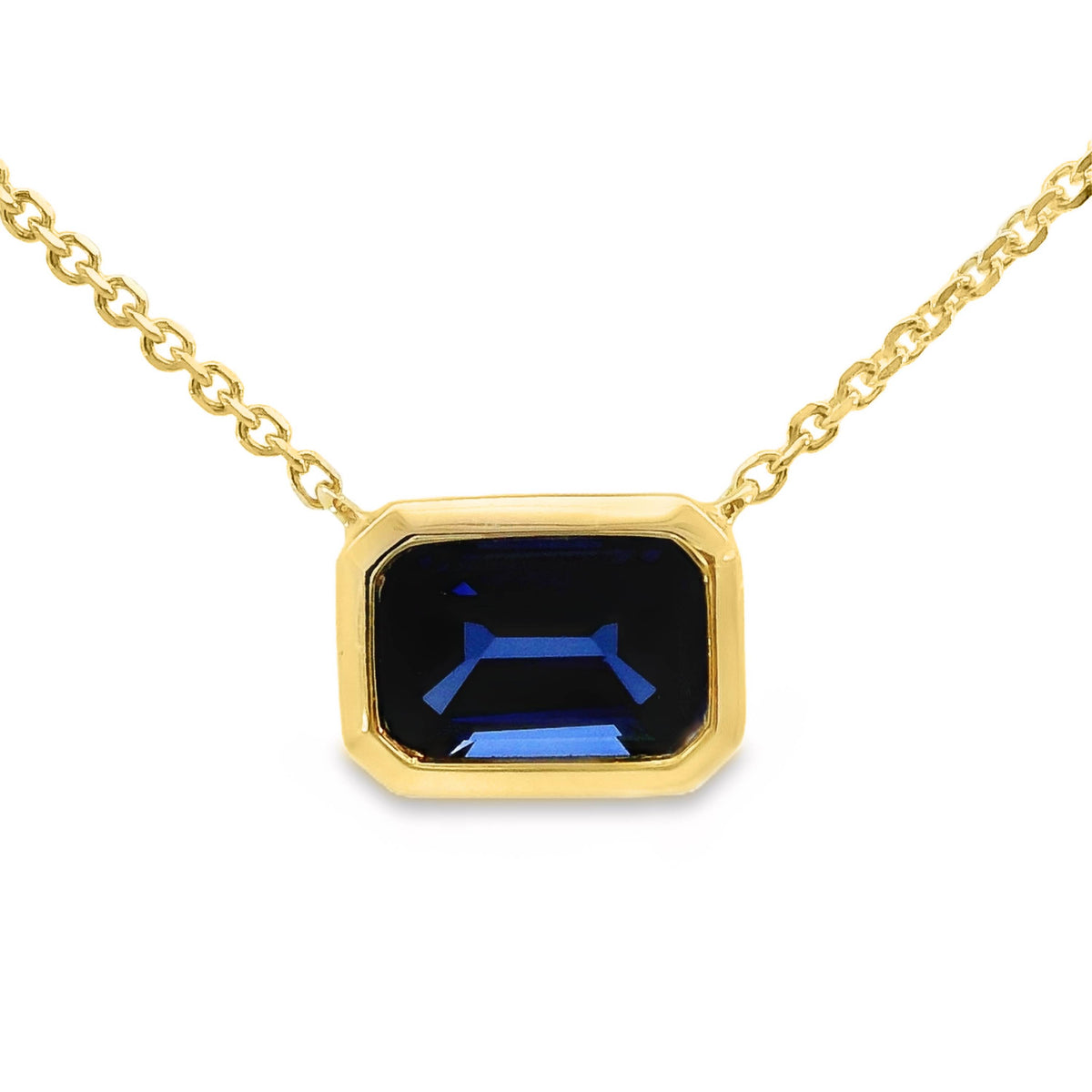 9ct Yellow Gold Bezel Set Lab Grown Sapphire Pendant Necklace