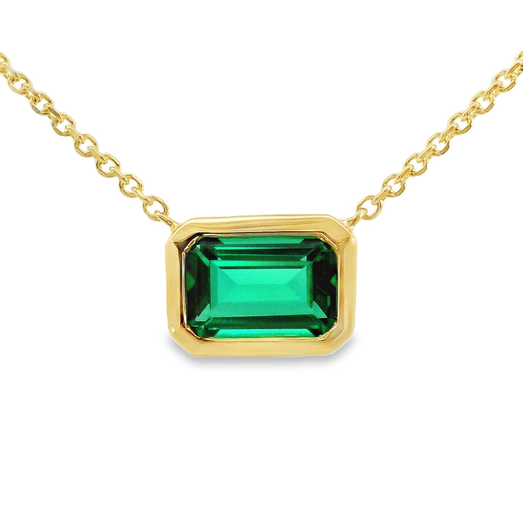 9ct Yellow Gold Bezel Set Lab Grown Emerald Pendant Necklace