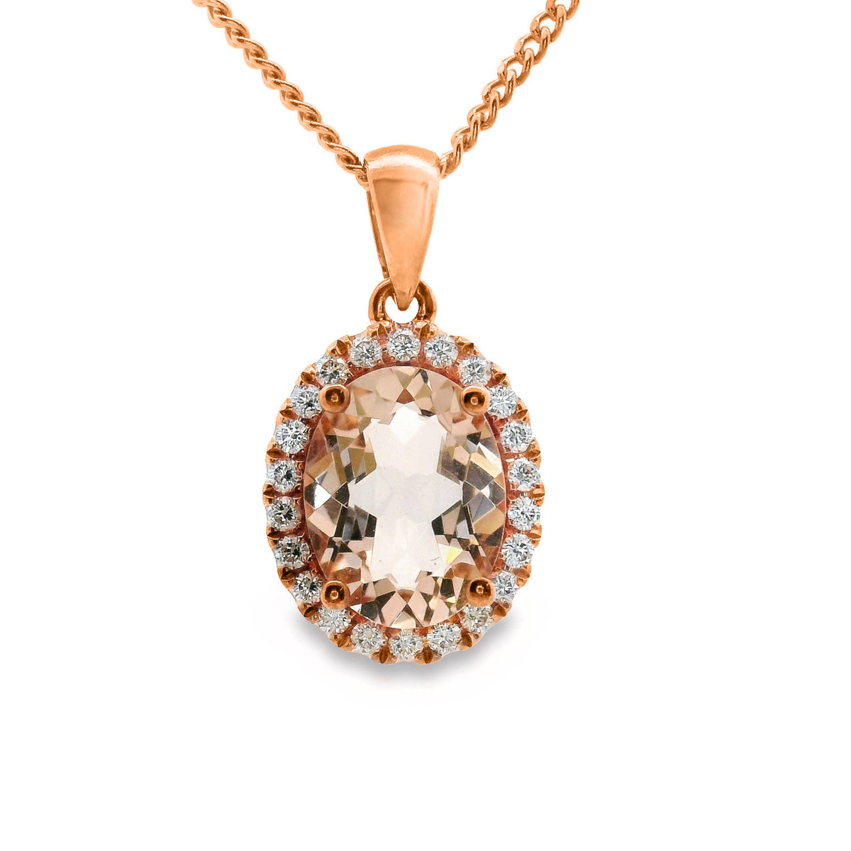 9ct Rose Gold Morganite And Diamond Halo Pendant