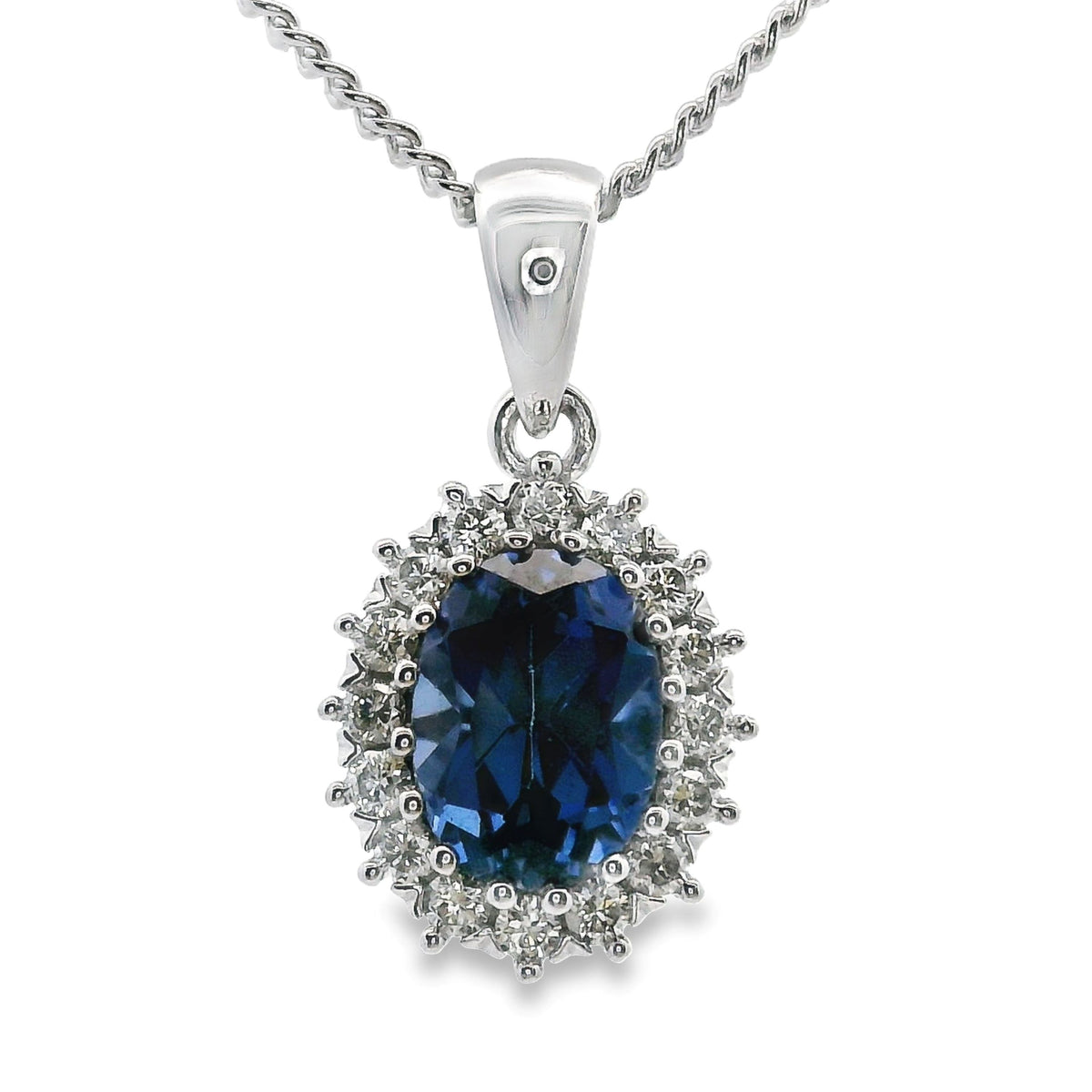 9ct White Gold Lab Grown Sapphire And Diamond Halo Pendant