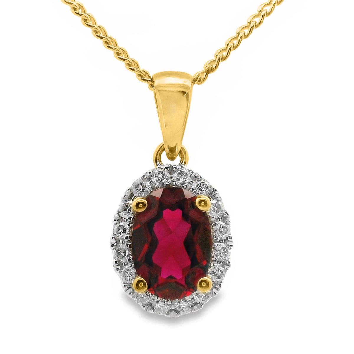 9ct Yellow Gold Lab Grown Ruby And Diamond Halo Pendant