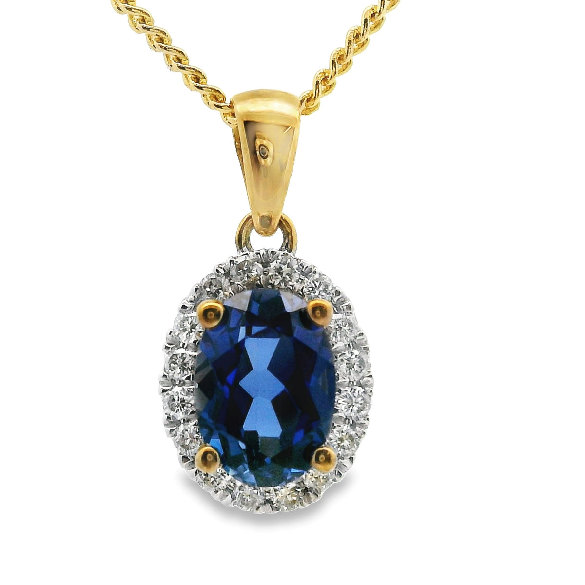 9ct Yellow Gold Lab Grown Sapphire And Diamond Halo Pendant