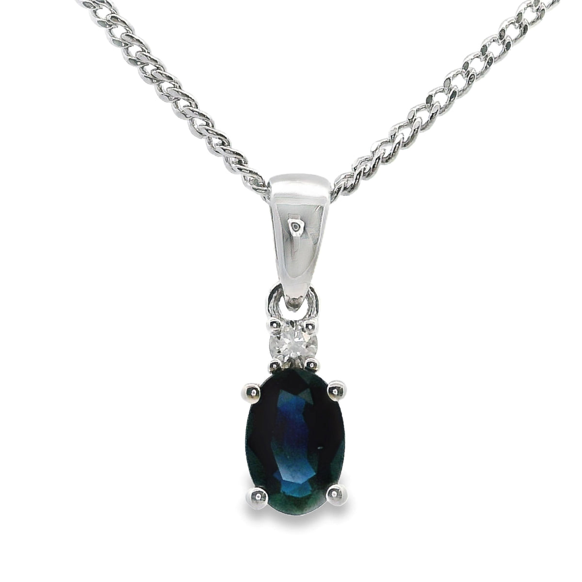 9ct White Gold Natural Sapphire And Single Diamond Pendant