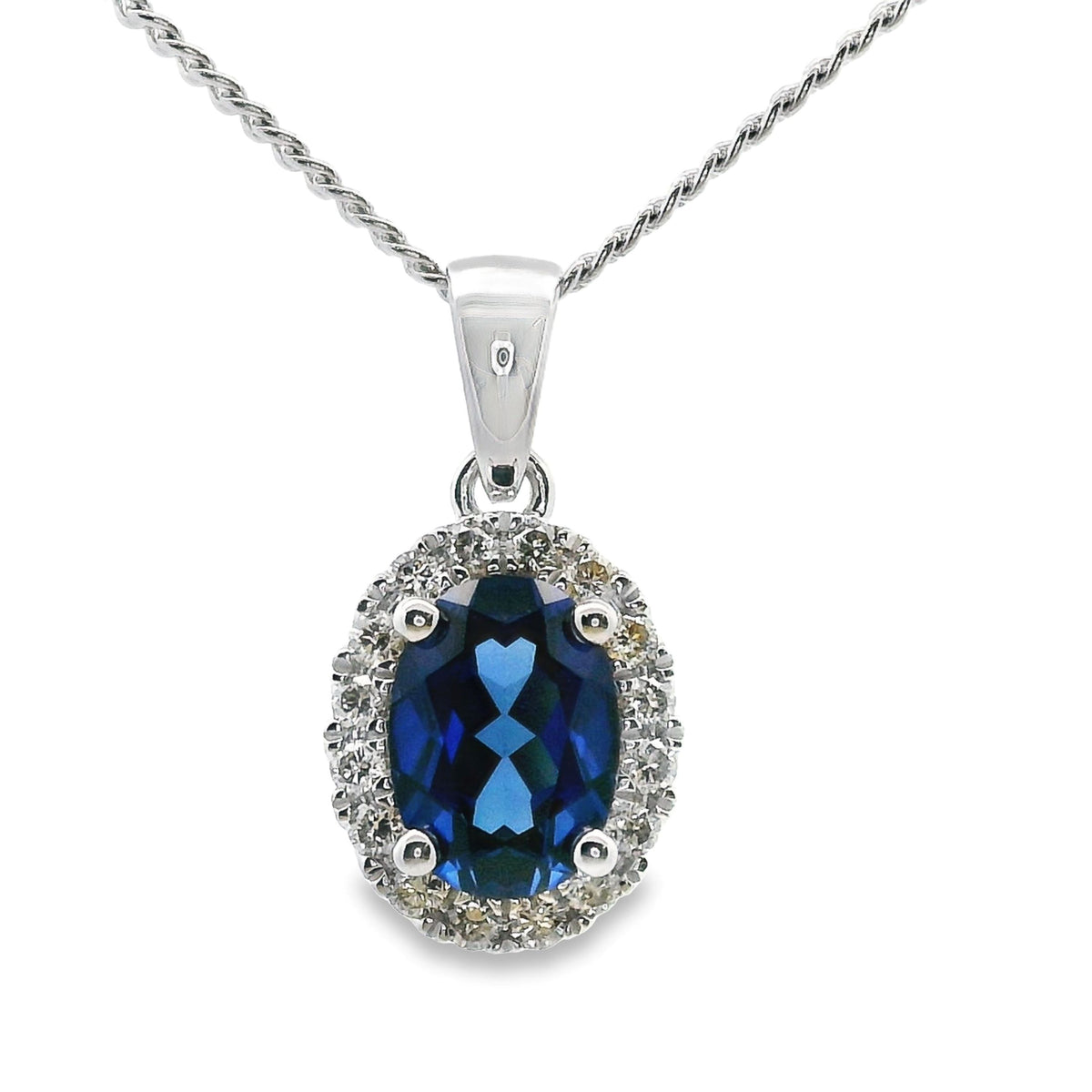 9ct White Gold Lab Grown Sapphire And Diamond Halo Pendant