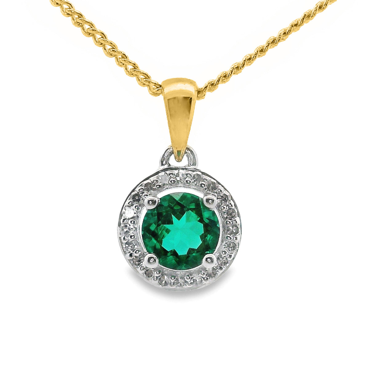 9ct Yellow Gold Lab Grown Emerald And Diamond Halo Pendant