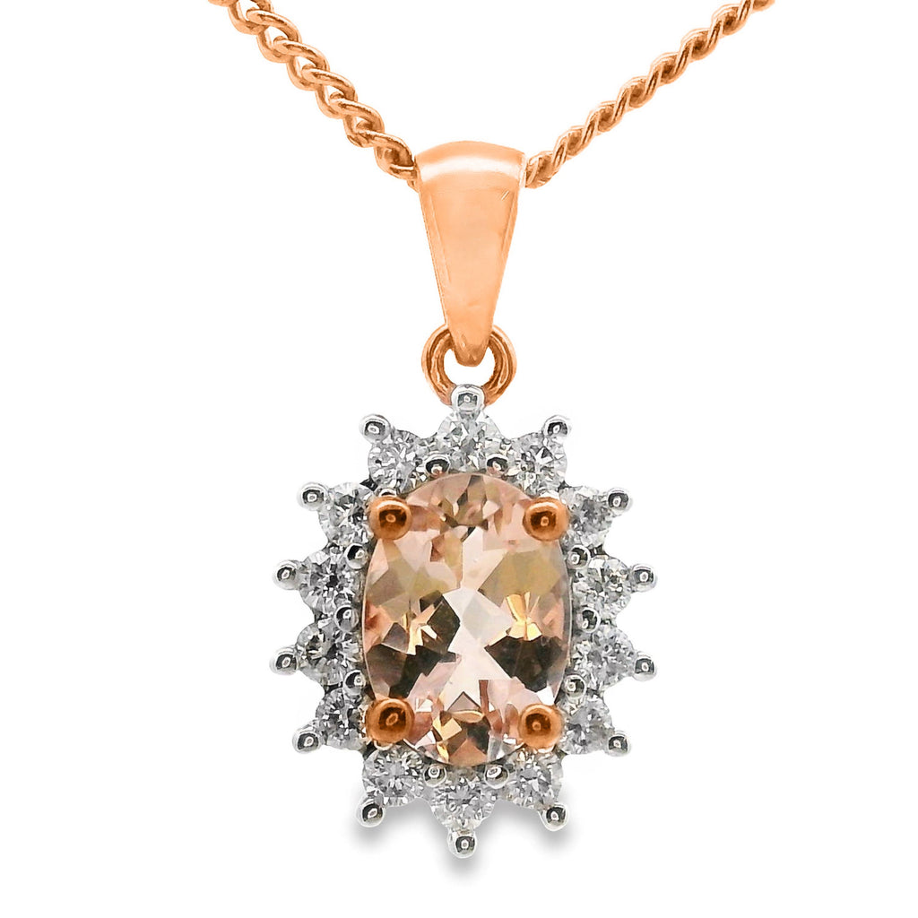9ct Rose Gold Morganite And Diamond Halo Pendant