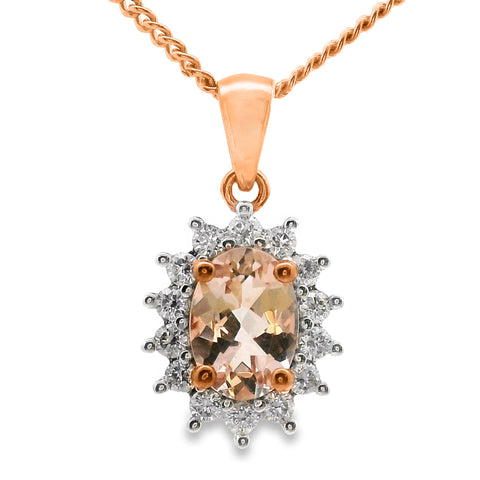 9ct Rose Gold Morganite And Diamond Halo Pendant