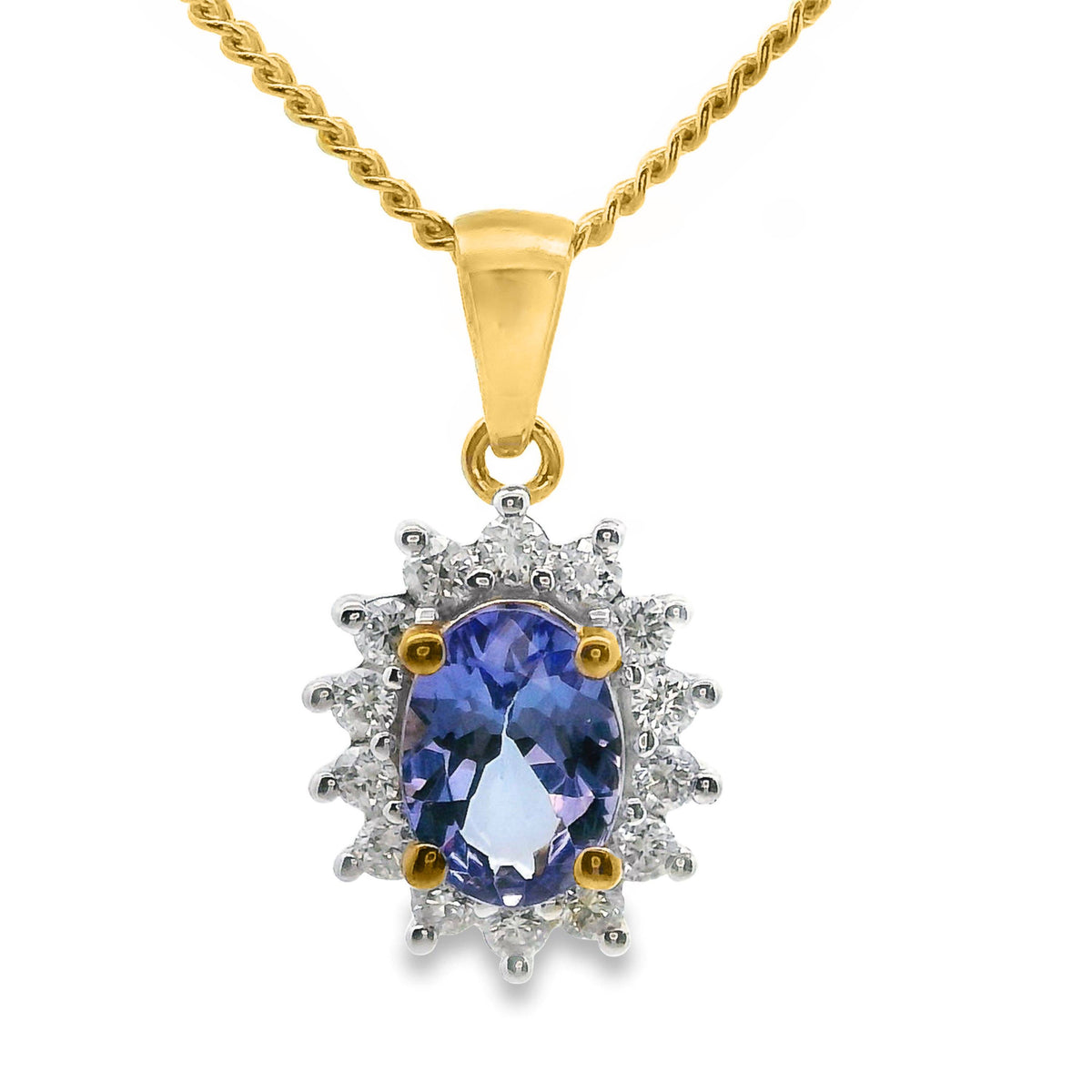 9ct Yellow Gold Tanzanite And Diamond Halo Pendant