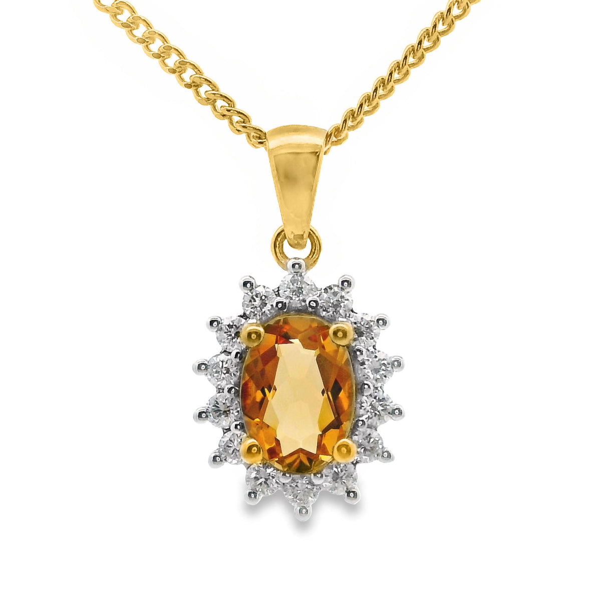 9ct Yellow Gold Citrine And Diamond Halo Pendant