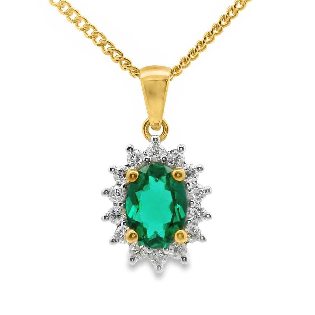9ct Yellow Gold Lab Grown Emerald And Diamond Pendant