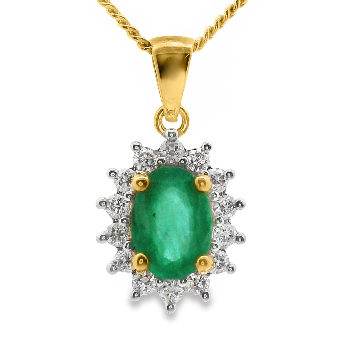 9ct Yellow Gold Natural Emerald And Diamond Halo Pendant