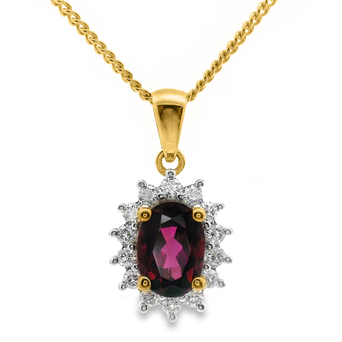 9ct Yellow Gold Rhodolite Garnet And Diamond Halo Pendant