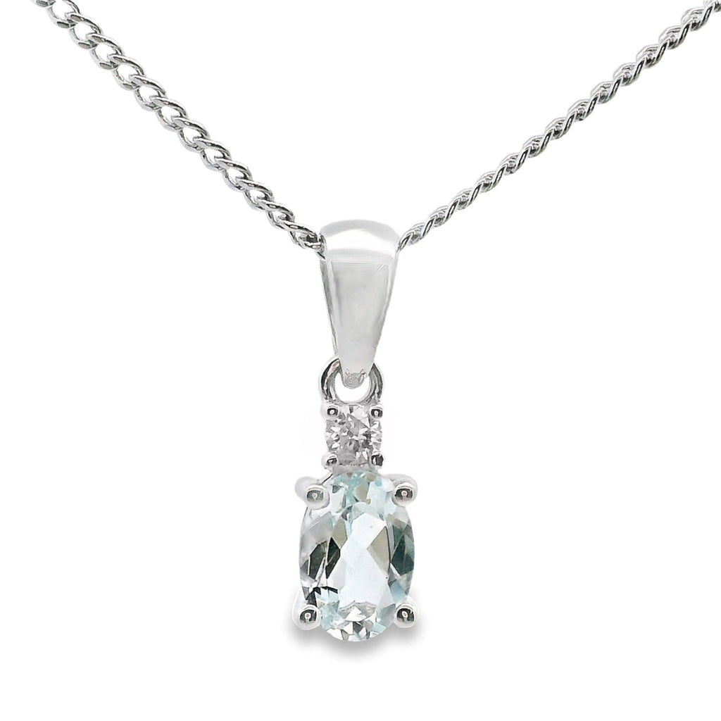 9ct White Gold Aquamarine And Single Diamond Pendant