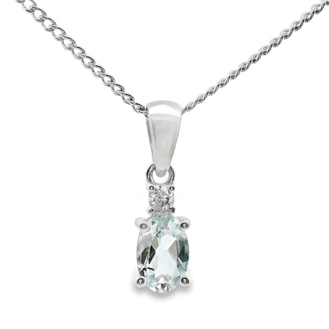 9ct White Gold Aquamarine And Single Diamond Pendant