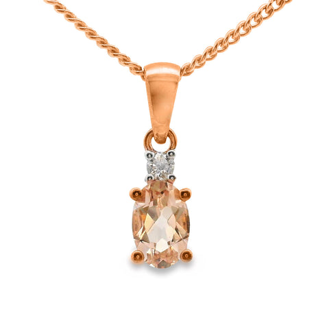 9ct Rose Gold Morganite And Single Diamond Pendant