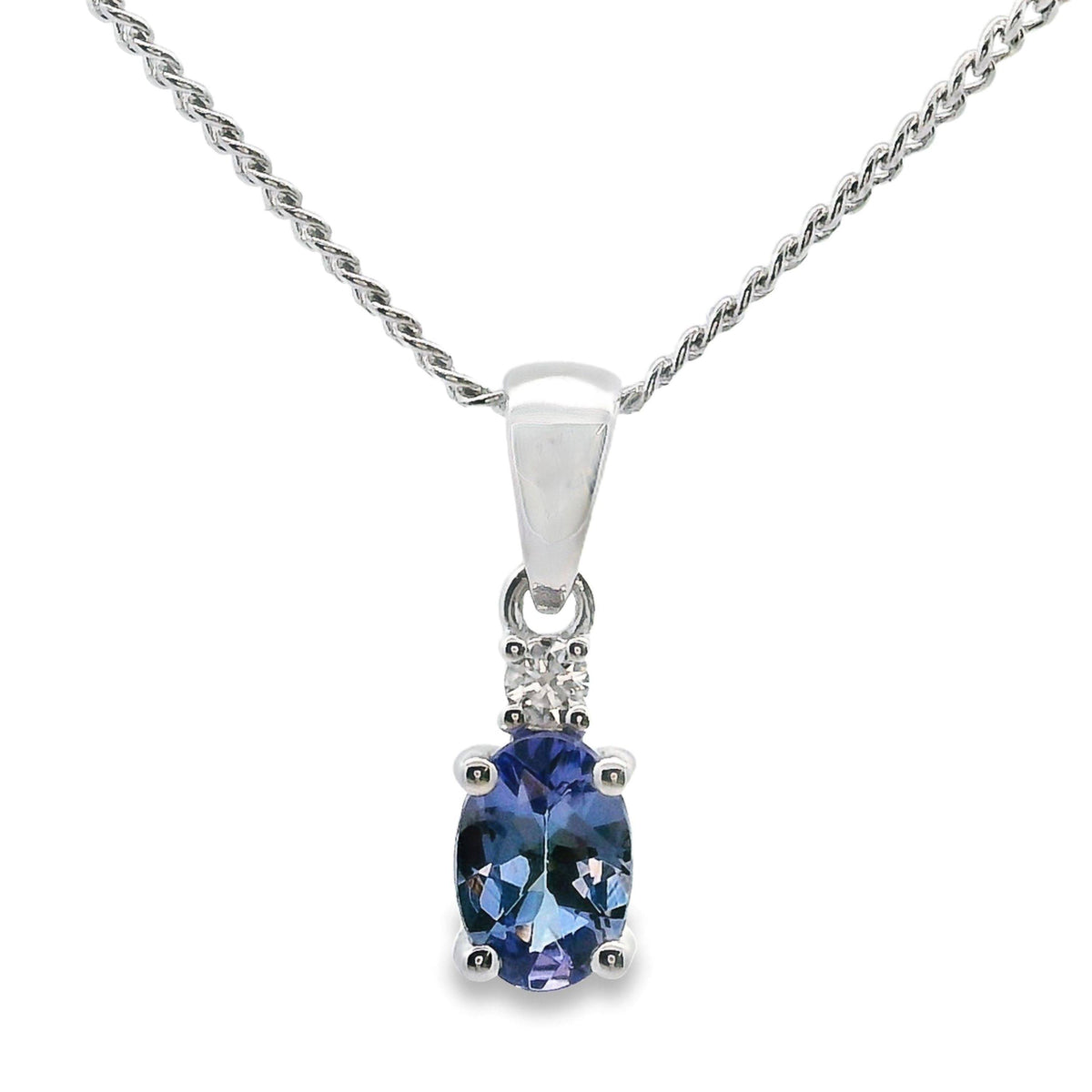 9ct White Gold Tanzanite And Single Diamond Pendant