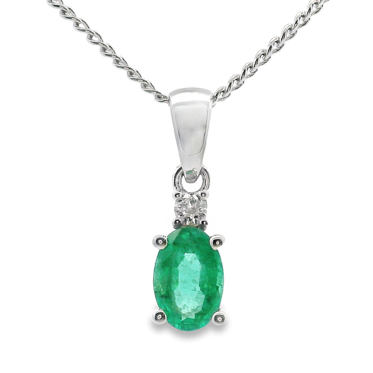 9ct White Gold Natural Emerald And Single Diamond Pendant