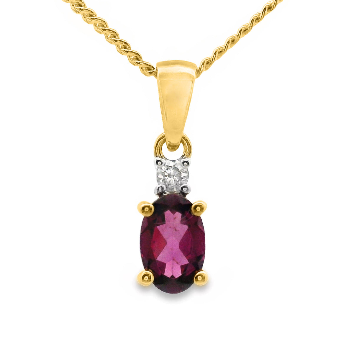 9ct Yellow gold Rhodolite Garnet And Single Diamond Pendant