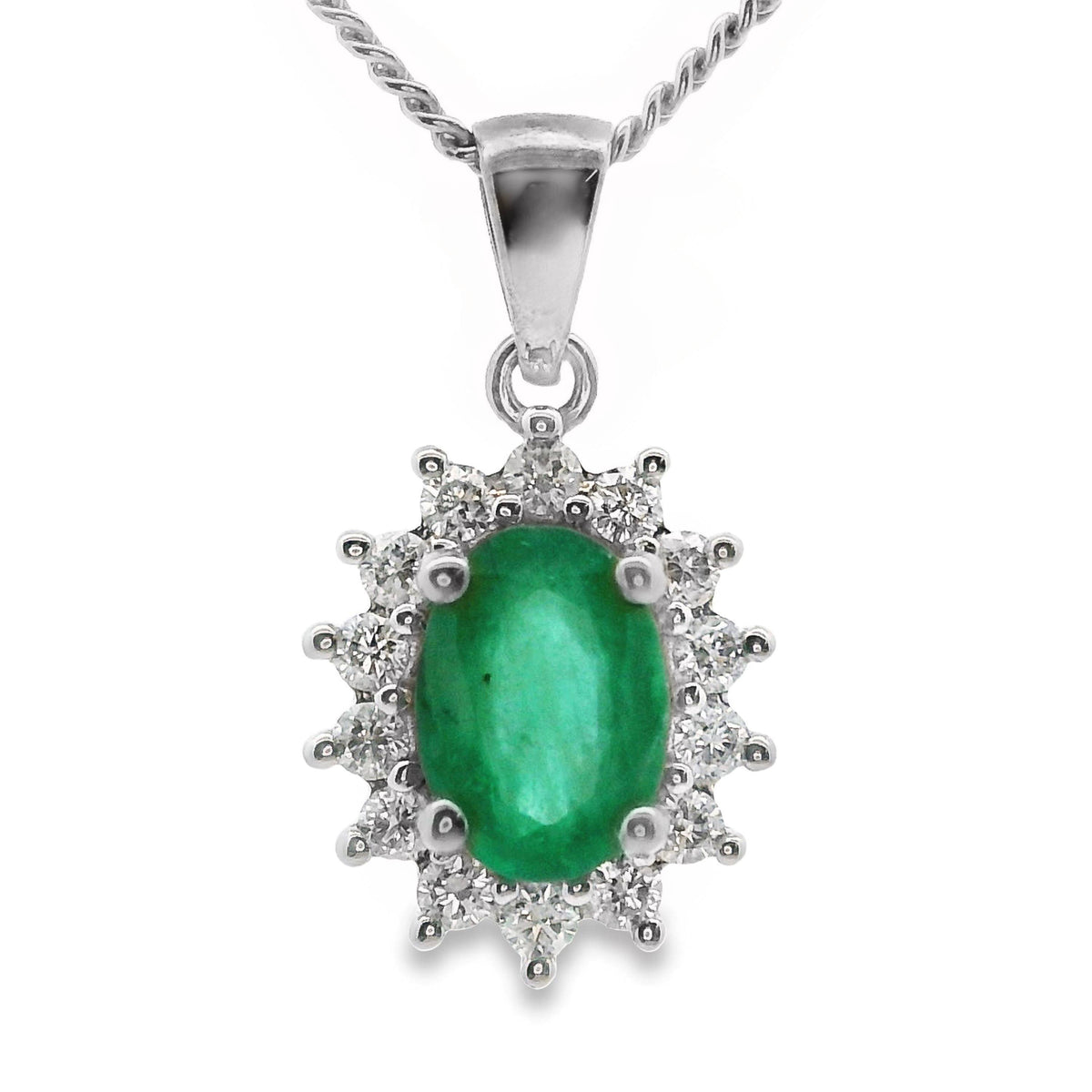 9ct White Gold Natural Emerald And Diamond Halo Pendant