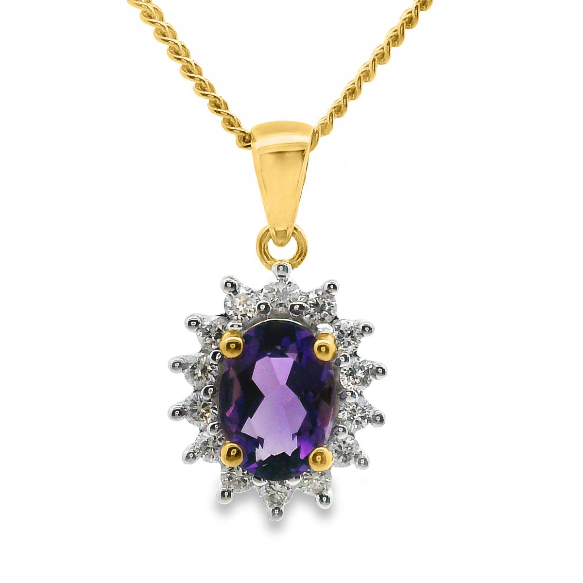 9ct Yellow Gold Amethyst And Diamond Halo Pendant